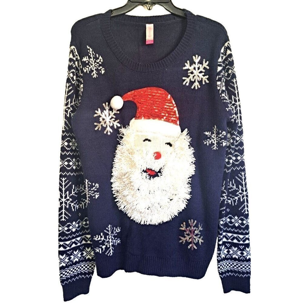 No Boundaries XL Junior's Ugly Christmas Sweater Santa Snowflakes Sparkly Navy